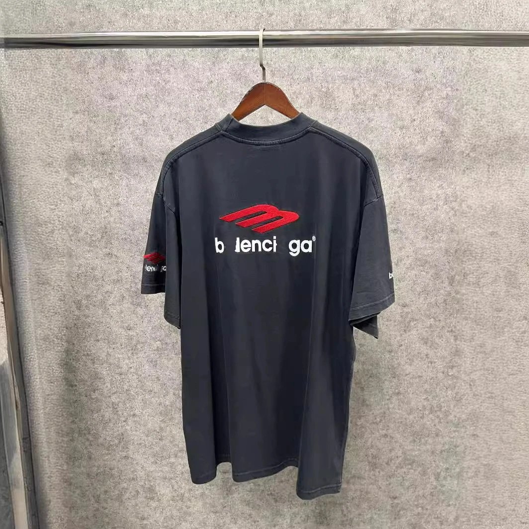 Balenciaga M Embroidery Letter LOGO Loose Washed Faded Unisex Small Neckline Short Sleeve T-shirt