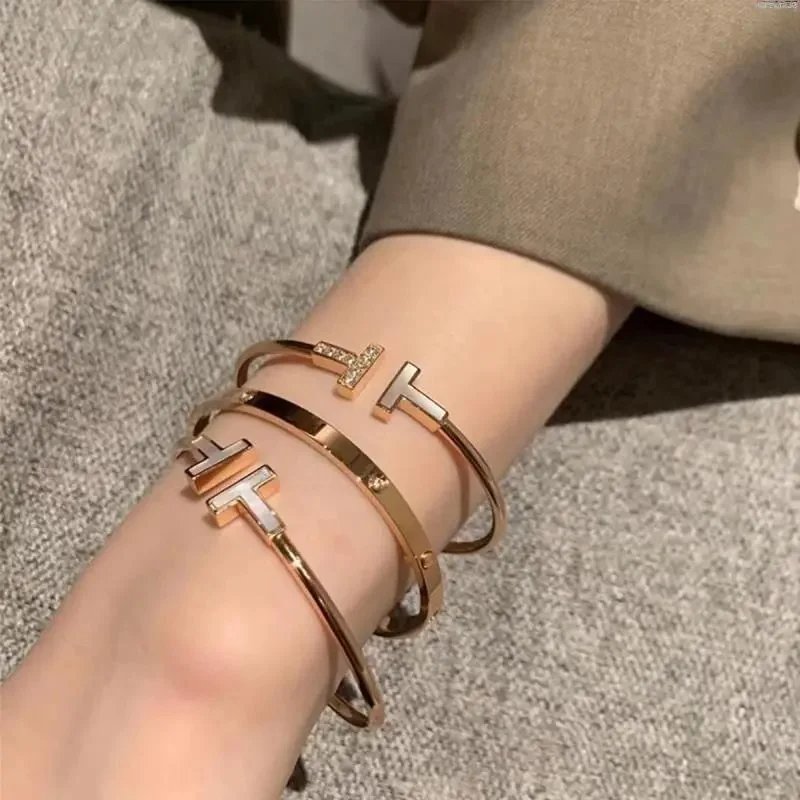 Gold Double T Bracelet for Women, Open White Mother Shell with Diamond Plated Glossy Designer