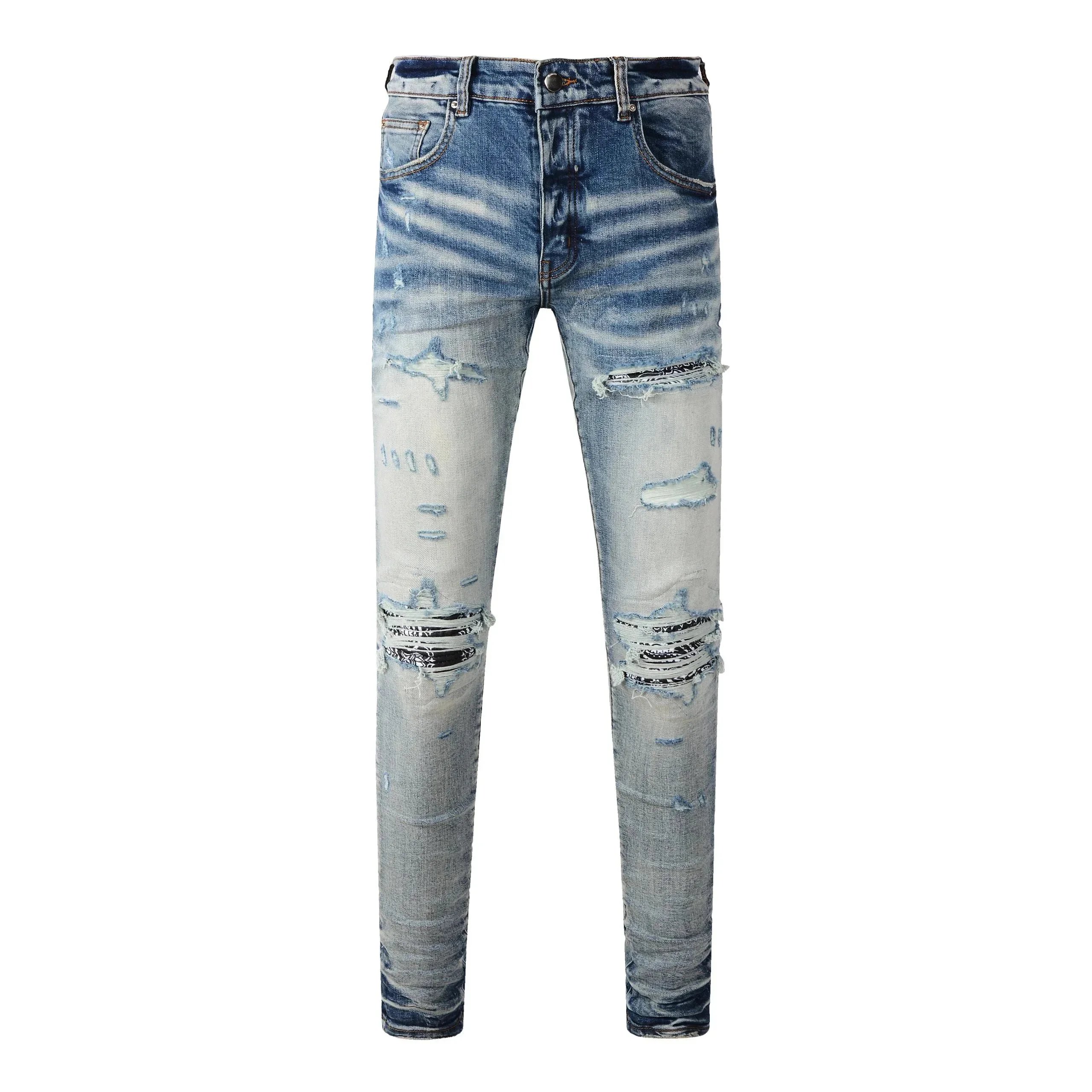 Vintage Distressed Stretch Biker Denim Jeans for Men, Designer Ripped Blue Slim Fit Casual Trousers