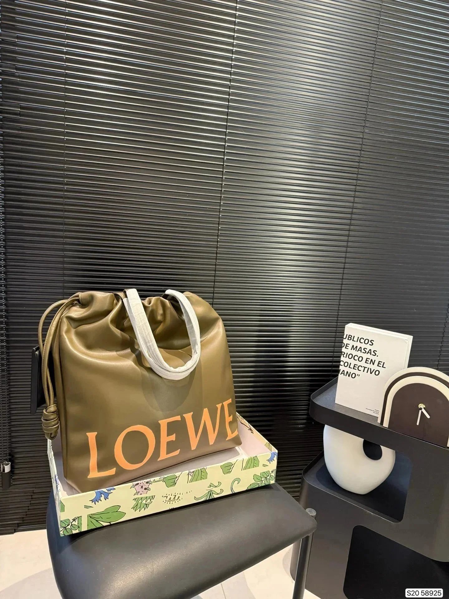 LOEWE Anagram Soft Leather Drawstring Tote Bag in Khaki Green