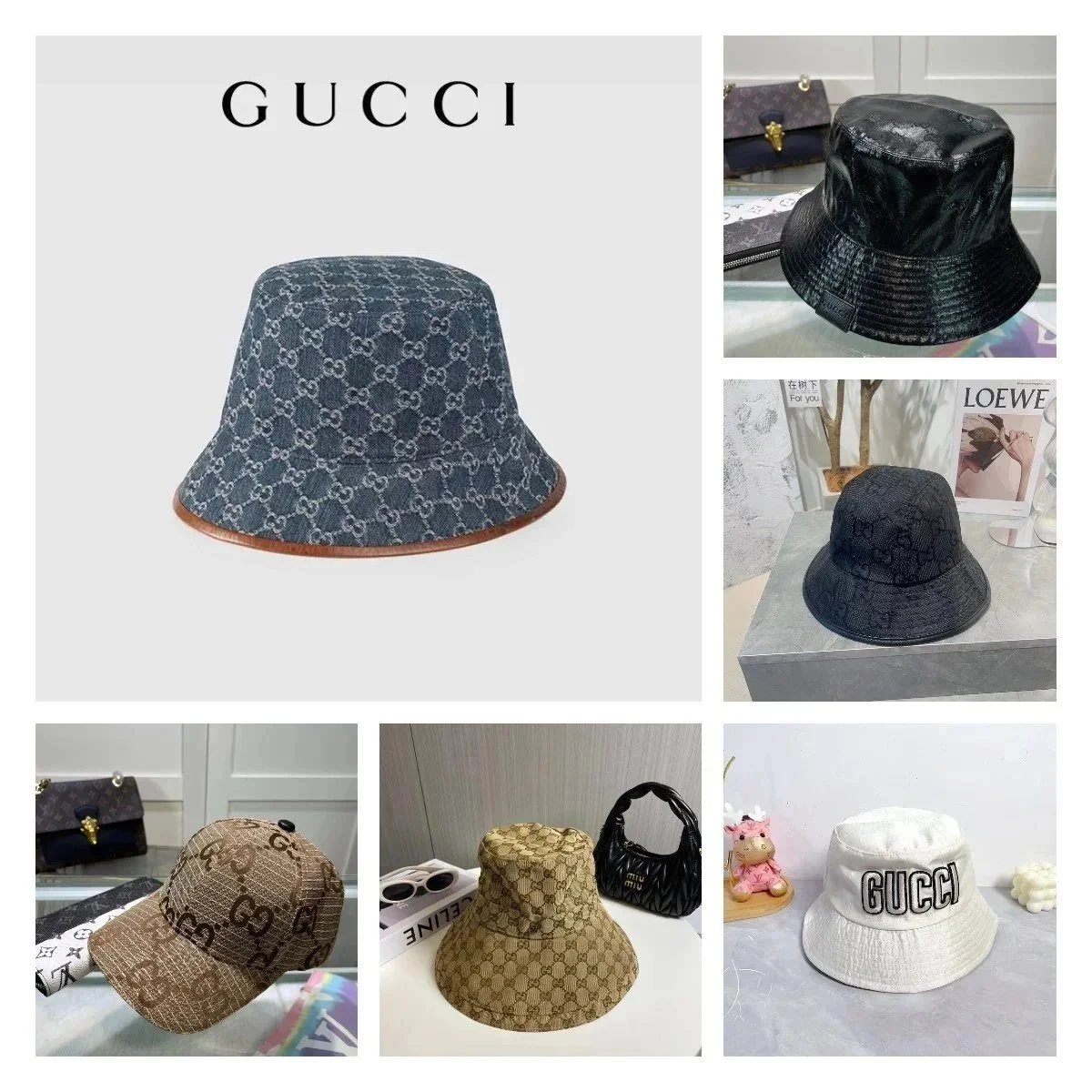 NEW GUCCI GG Monogram Denim Leather Trim Bucket Hat Size M / 58 cm Authentic