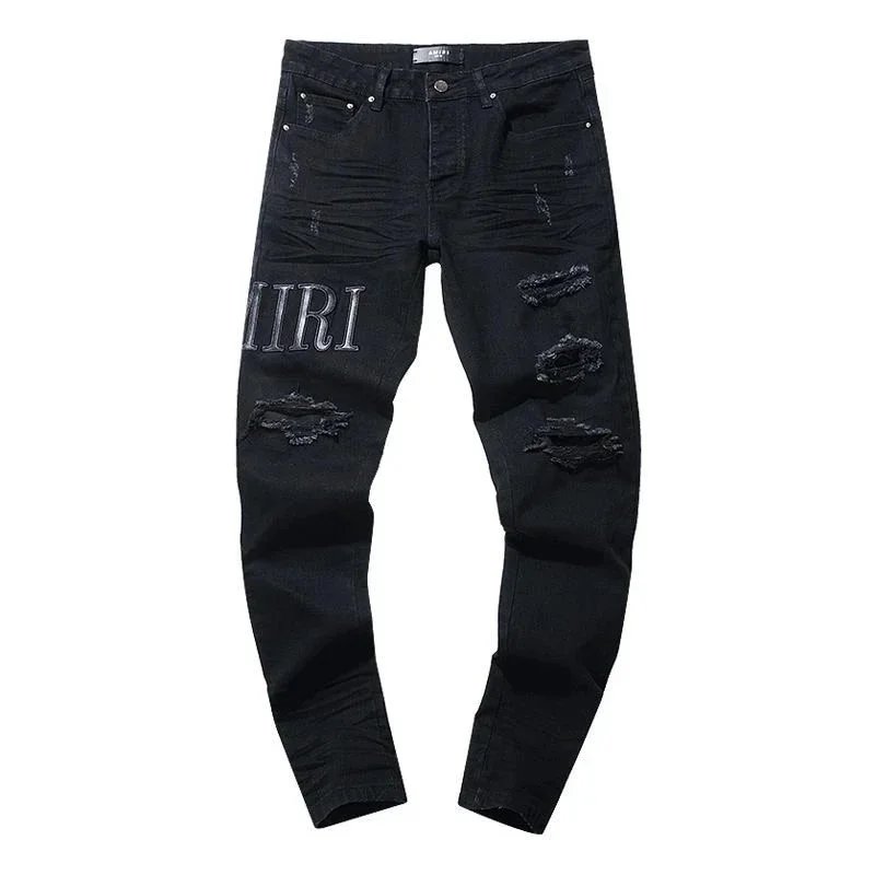 High Street Men's Blue Denim Patchwork Jeans - Skinny Fit with Knee Hole for Casual Style