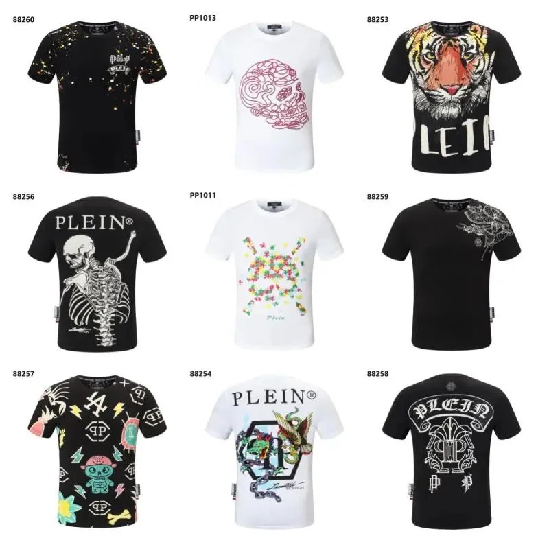 Men's Cotton T-Shirt with Rhinestone Skull Design - Short Sleeve, Round Neck, Casual 2024 Fashion Top