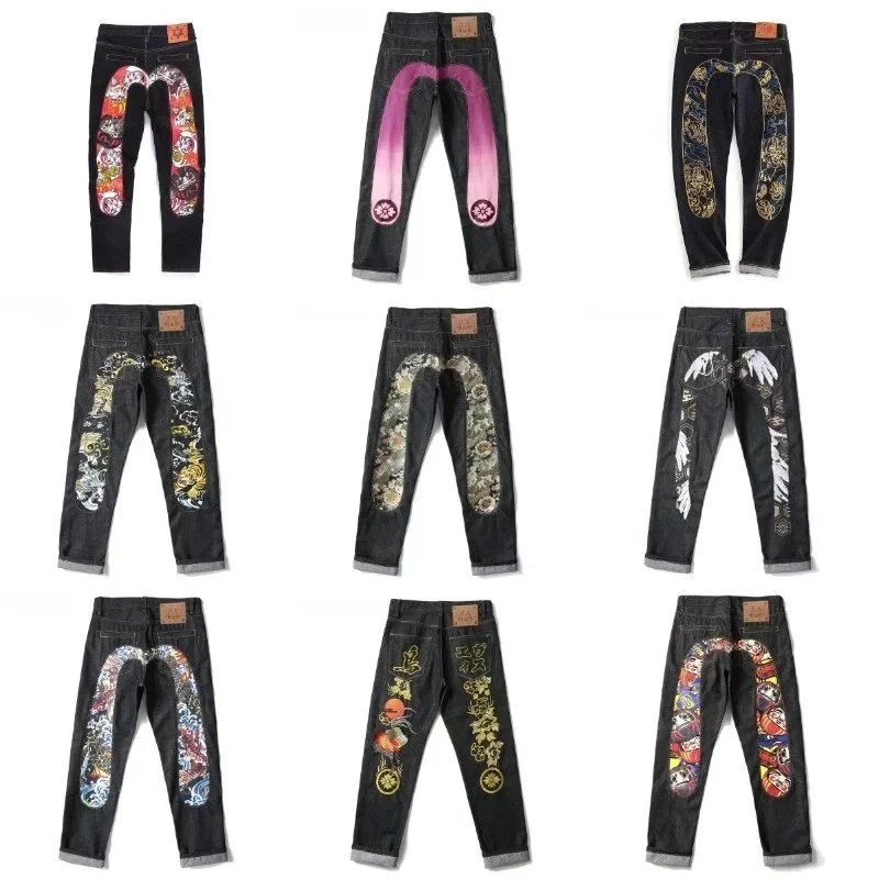 Evisue-Inspired M-Embroidery Short Jeans: Straight-Tube Wide Leg Denim Hipster Y2K Streetwear (28W)
