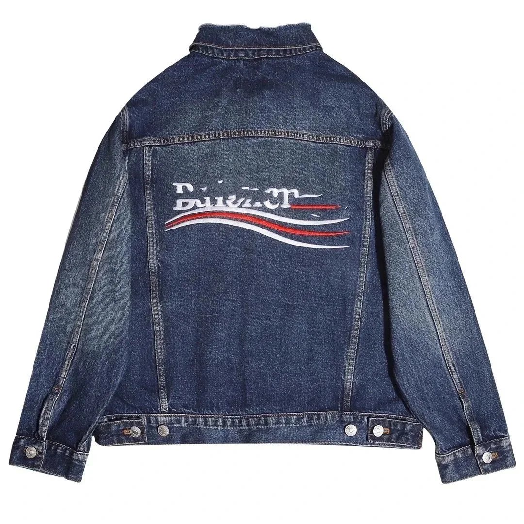 Early Spring Fashion Denim Jacket, Embroidered Wavy Back Cardigan Coat