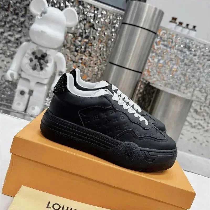 Women's Platform Sneakers in Soft Suede Calf Leather with Distinguished Emed Lace Trim and Oversized Iconic Flower Feature Damier Pattern Sole