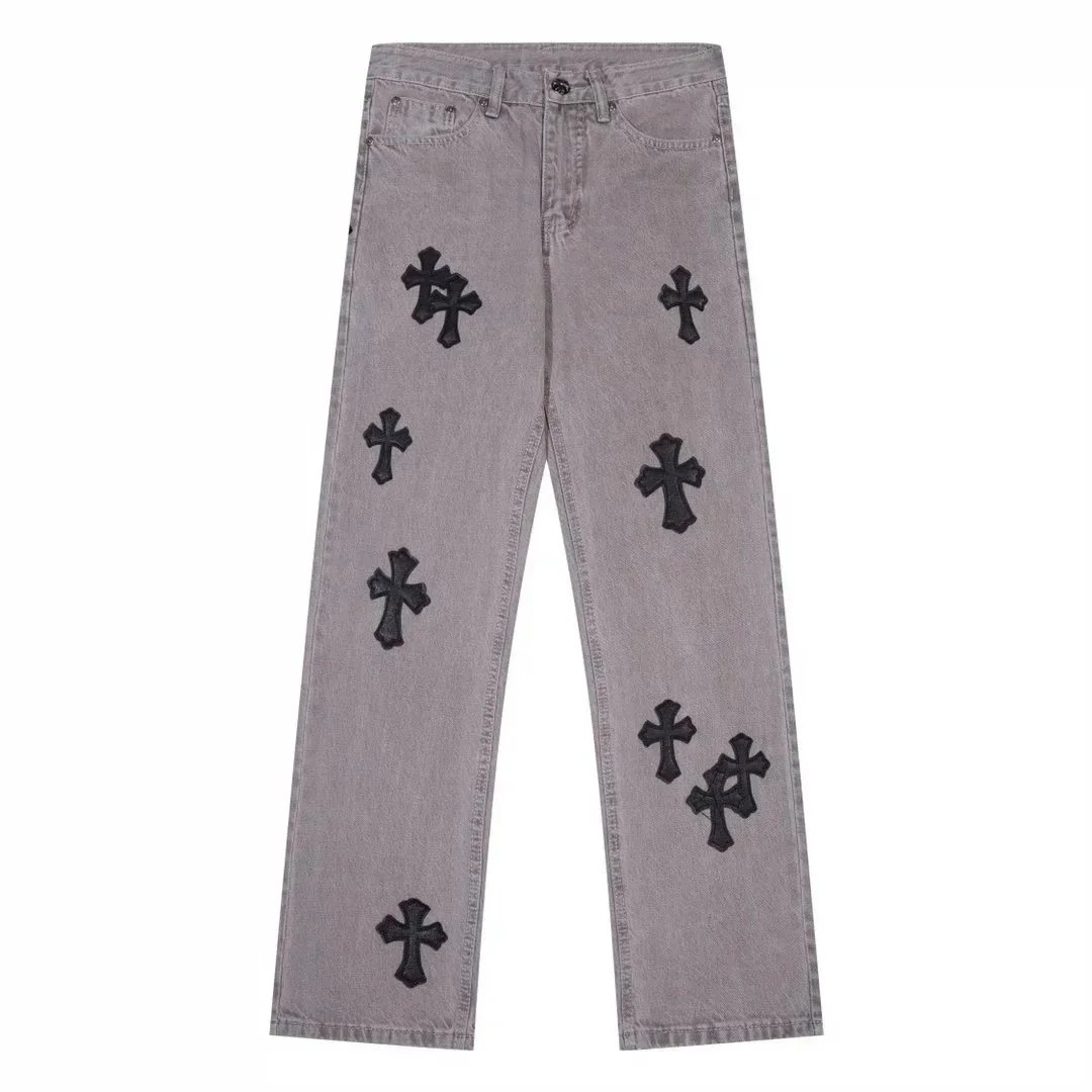 Straight Leg Raw Hem Cross Appliques Women\'s Gray Denim Jeans