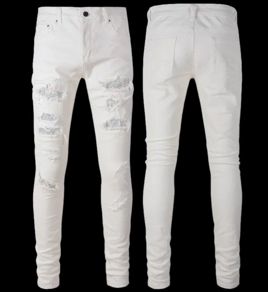 Men's Denim Jeans Painted Effect Damage Wash Slim Fit