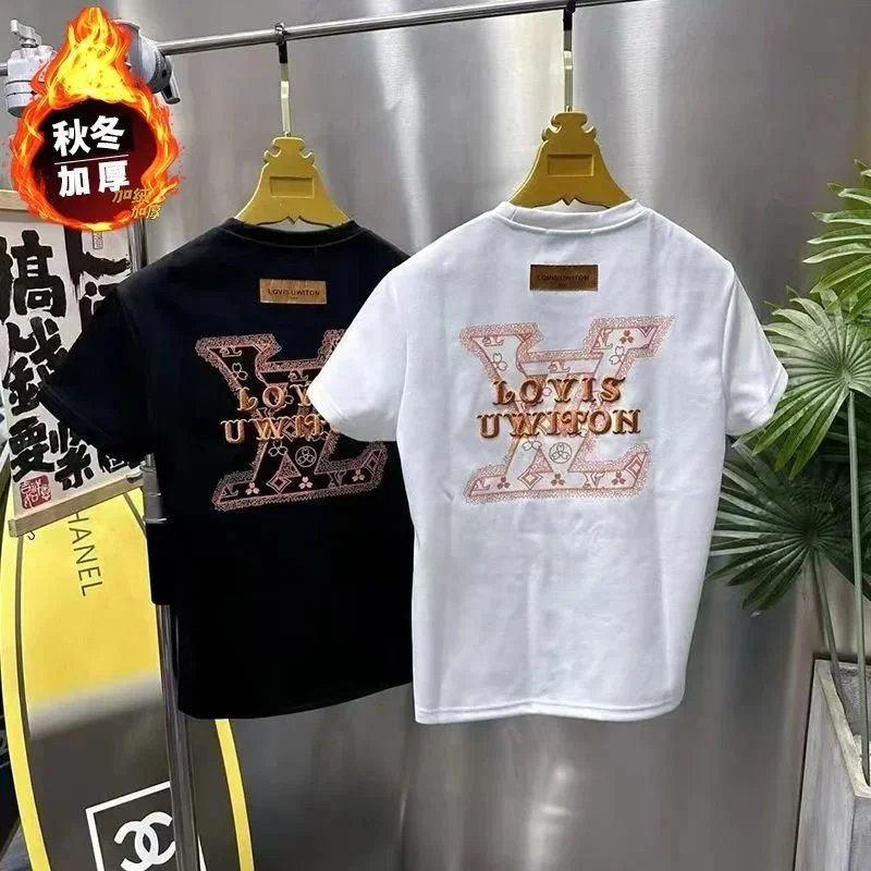 Mens White Designer T Shirt Leather Letter Embroidery Tee, Mens Black Designer T Shirt Cotton Short Sleeve Top M-2XL