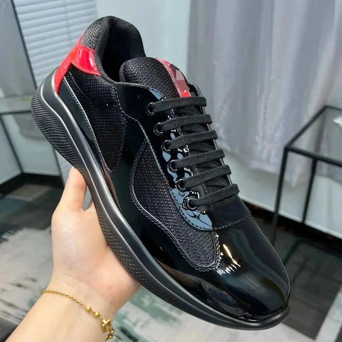 Designer Patent Leather Sneakers for Men - Pink and Light Blue Mesh Lace-up High Casual Outdoor Trainers