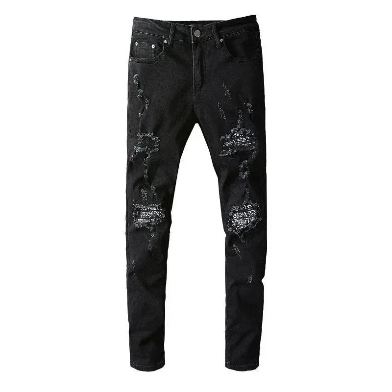 Men's Slim Fit Stretch Denim Jeans with Paisley Patchwork & Ripped Detailing