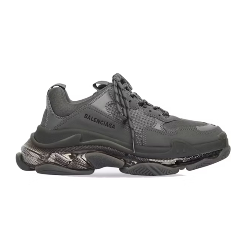 Balenciaga Grey Faux Leather and Mesh Triple S Clear Sole Sneakers