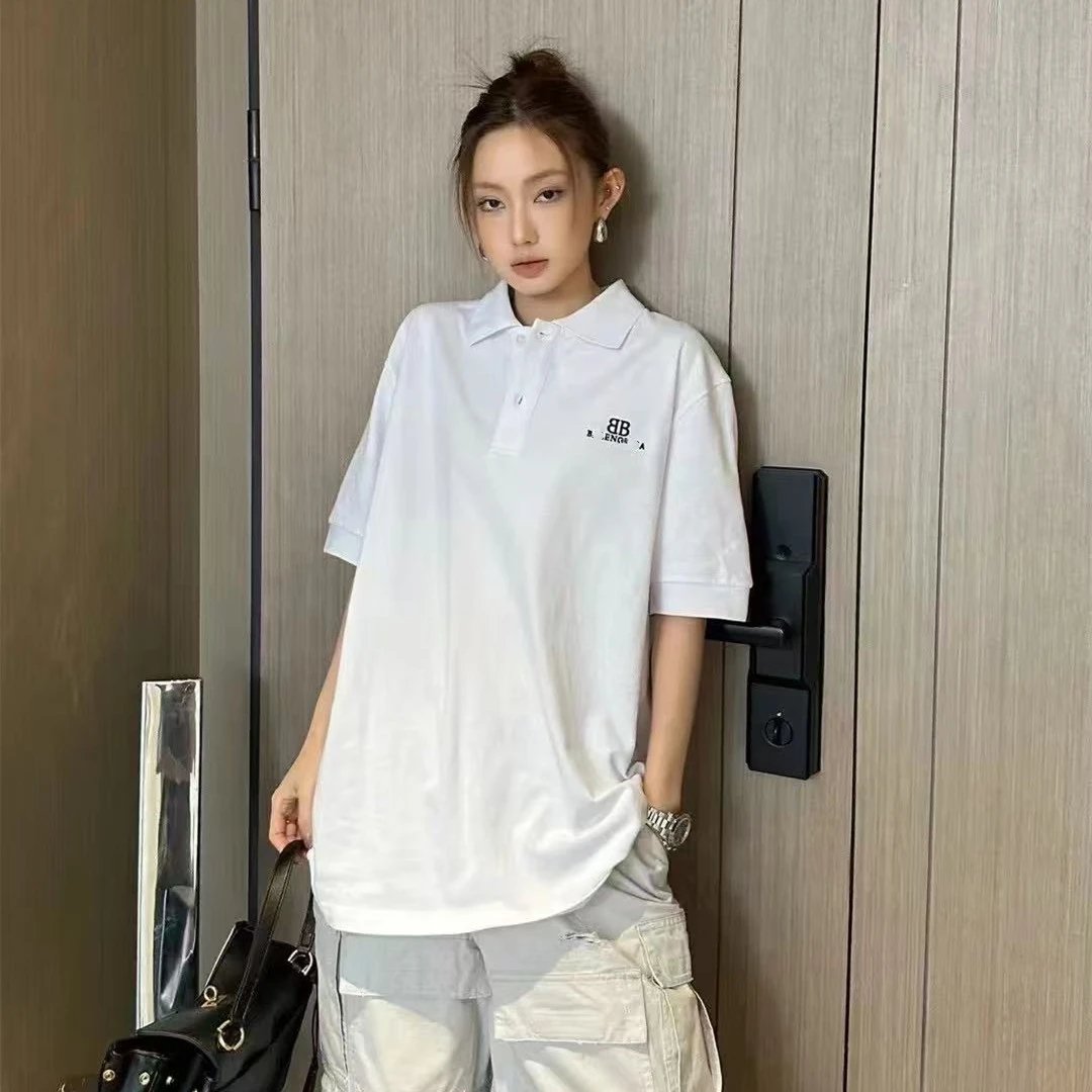 南油巴黎B家字母刺绣LOGO网红款翻领宽松POLO衫男女短袖T恤