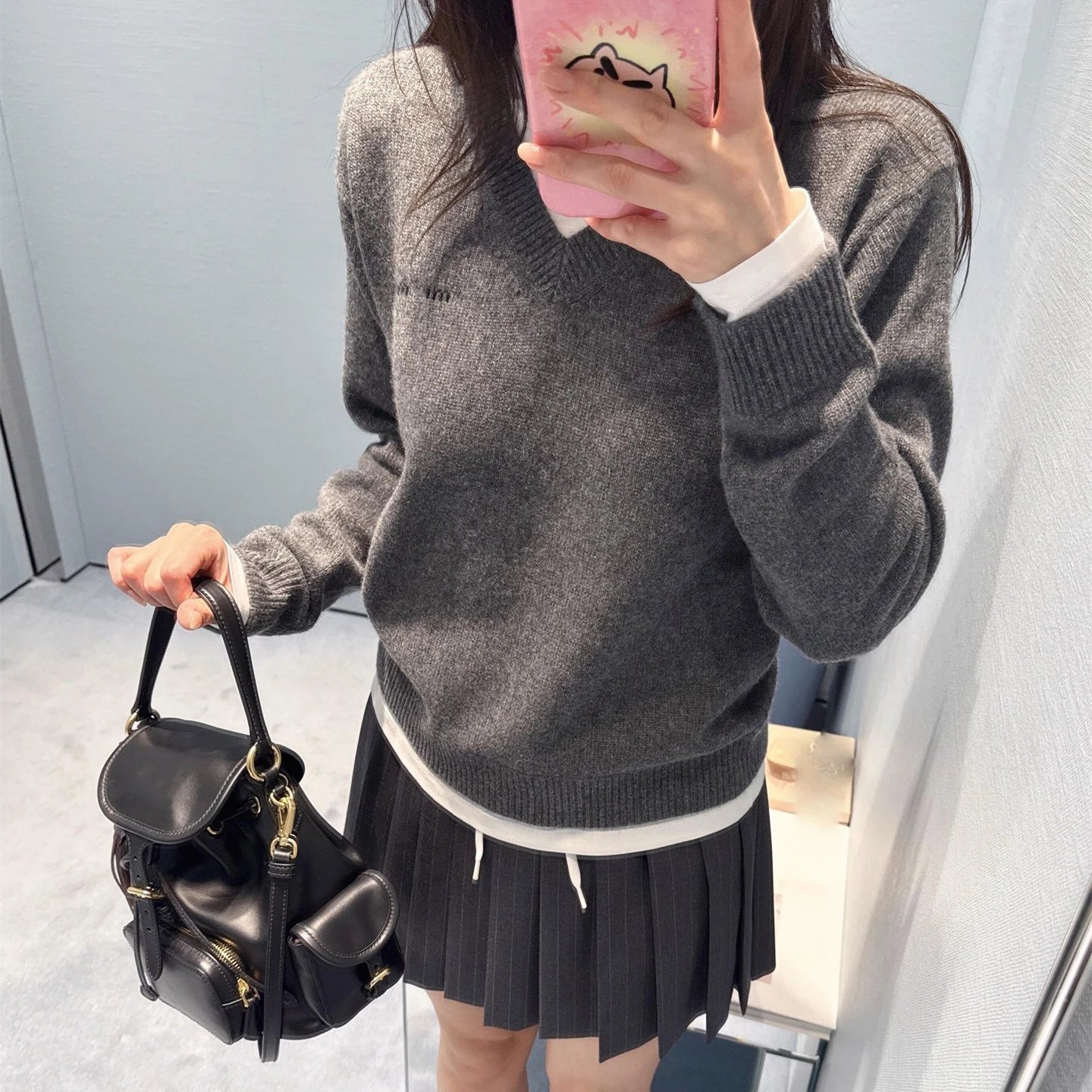 本MIU缪家款撞色假两件长袖圆领针织衫V领毛衣男女