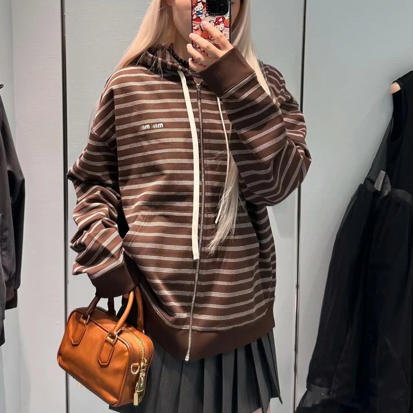 高品MIU缪家25SS新款条纹刺绣连帽拉链卫衣外套夹克男女