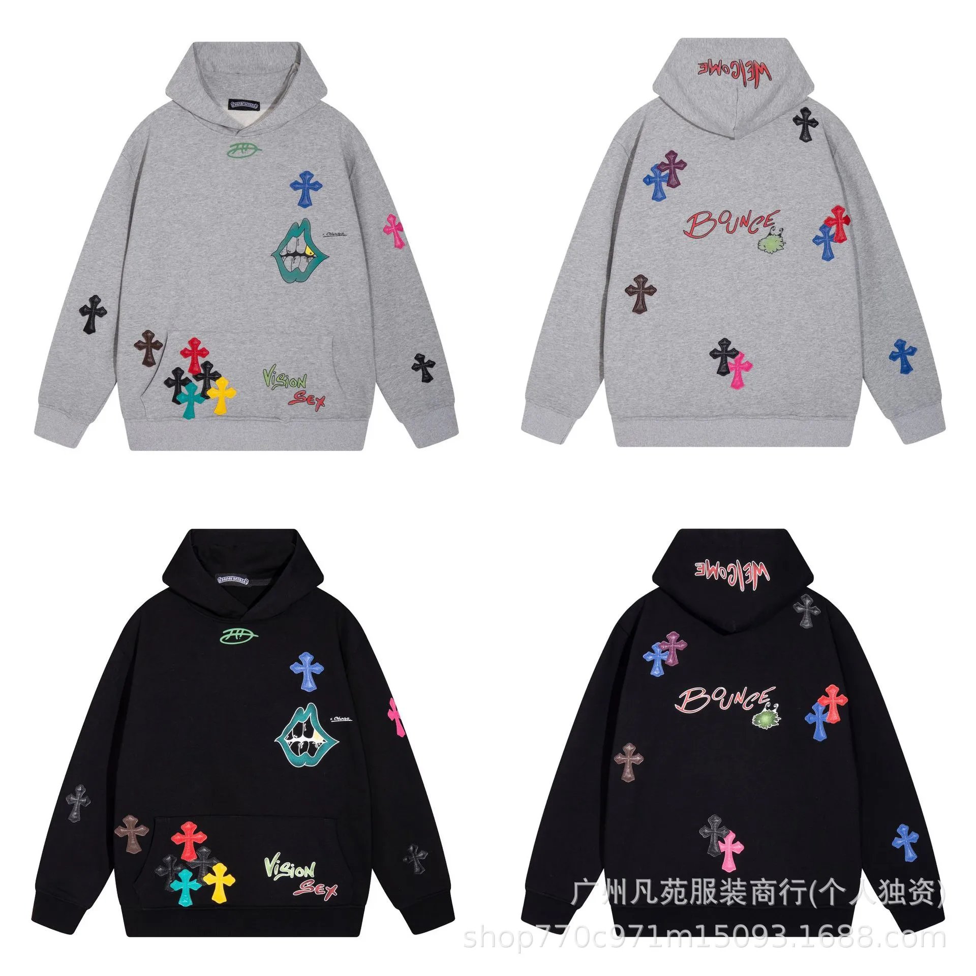 24ss高品质克罗 Chrome Hearts 彩色十字架拼皮梵文涂鸦连帽卫衣