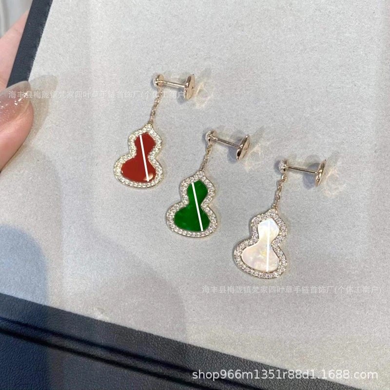 麒麟新款国潮红色葫芦耳钉女福禄耳坠绿色翡翠耳饰喜庆高级感礼物