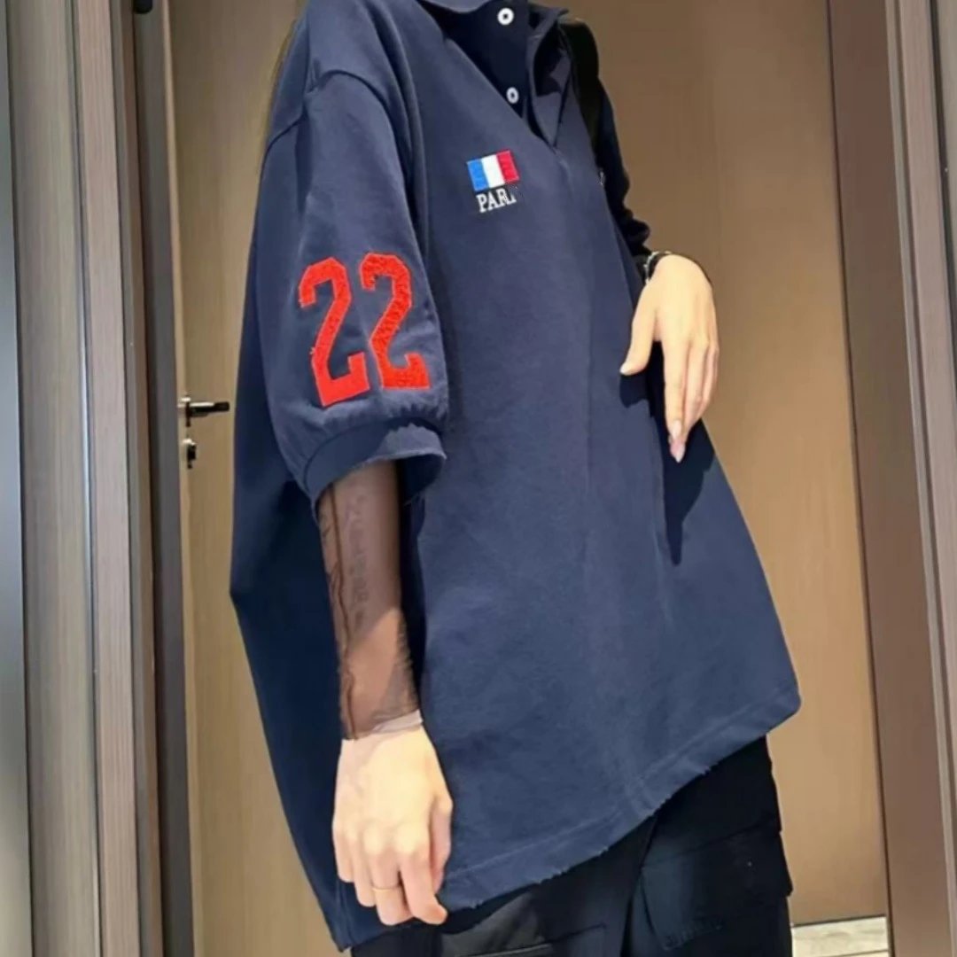 巴黎B家网红款战马刺绣磨烂做旧POLO衫短袖T恤