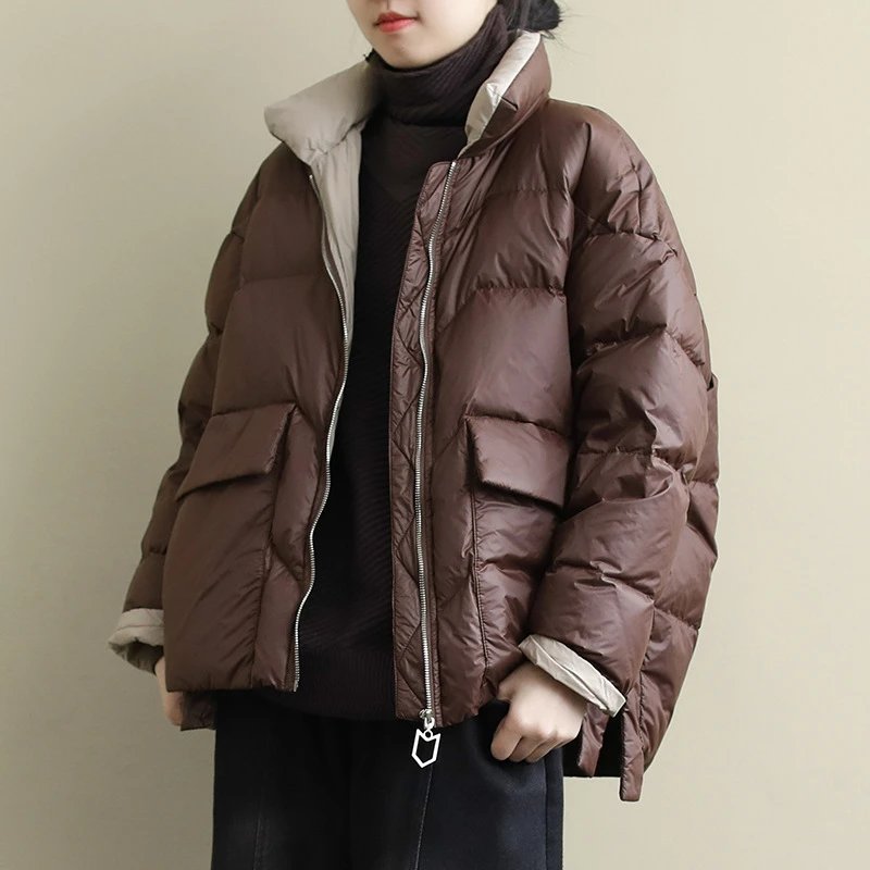 秋冬新款复古宽松文艺长袖羽绒外套拼色原宿风短款羽绒服女潮