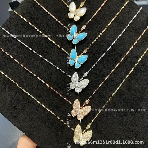 梵家镀玫瑰金黄金蝴蝶贝母项链马眼白金满钻绿松石蓝色新款