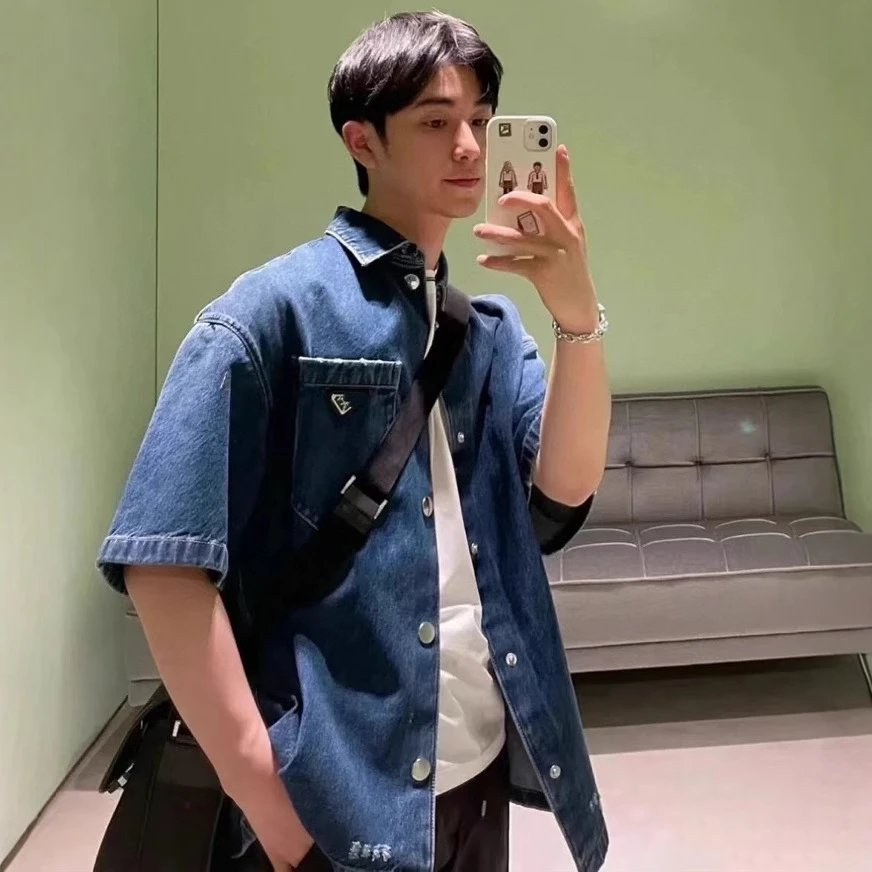 P家网红款三角标水洗牛仔衬衫男女宽松短袖牛仔衣外套