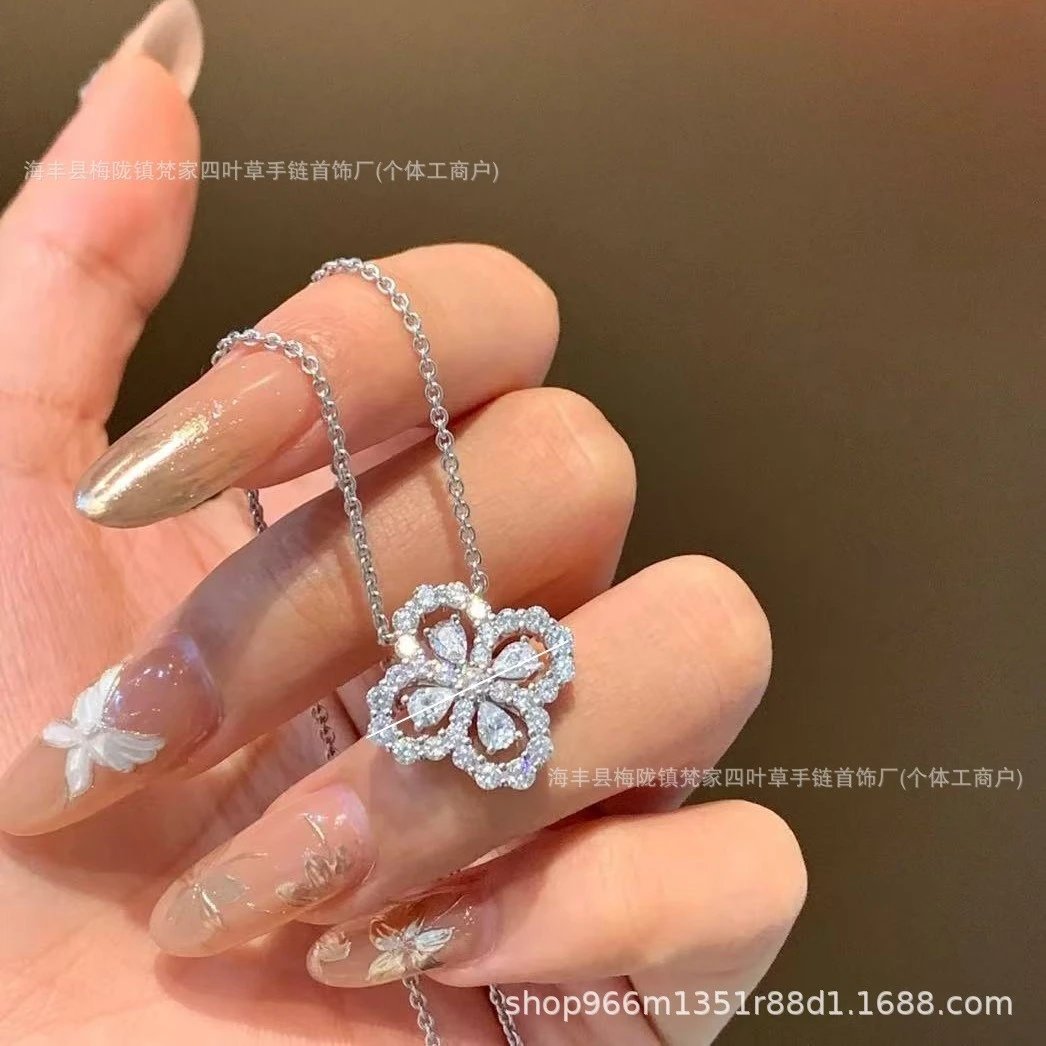 镀18K金白金钻石项链四叶草水滴红粉黄绿蓝宝loop女士锁骨链ins款