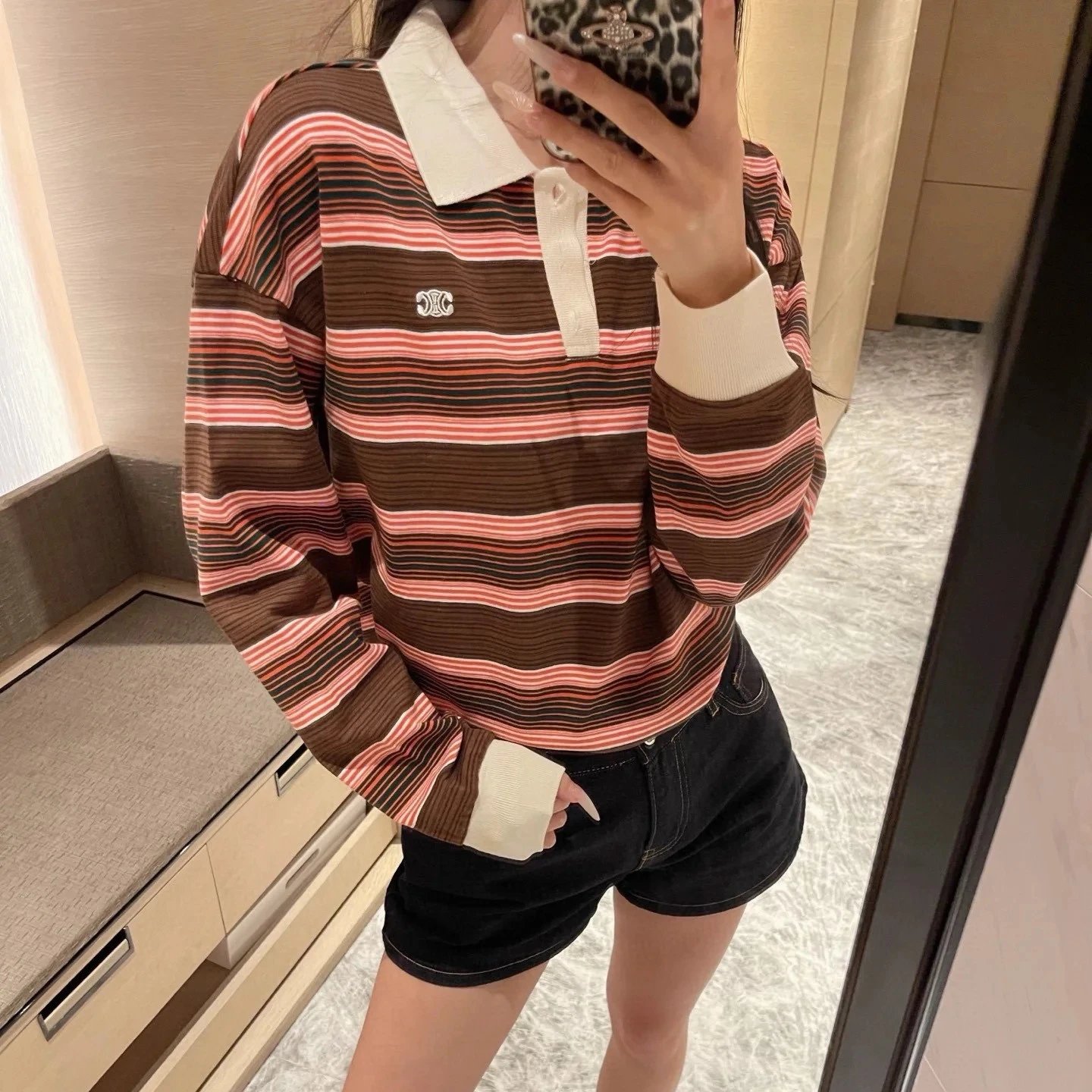 CE家凯旋门条纹刺绣徽标翻领Polo衫长袖T恤上衣男女