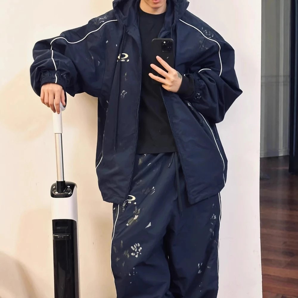 巴黎B家圆环刺绣字母INS网红款刺绣手绘做脏连帽夹克运动裤套装