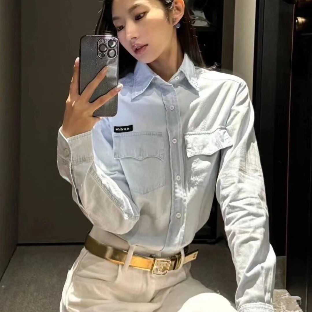 南油高货SS24早秋新款MIU家章若楠同款长袖蓝色牛仔衬衣女