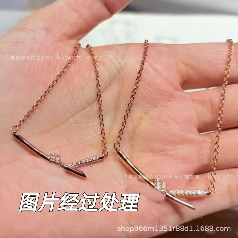 T家绳结项链女交叉蝴蝶结项链镀18k金锁骨项链谷爱凌同款ins简约