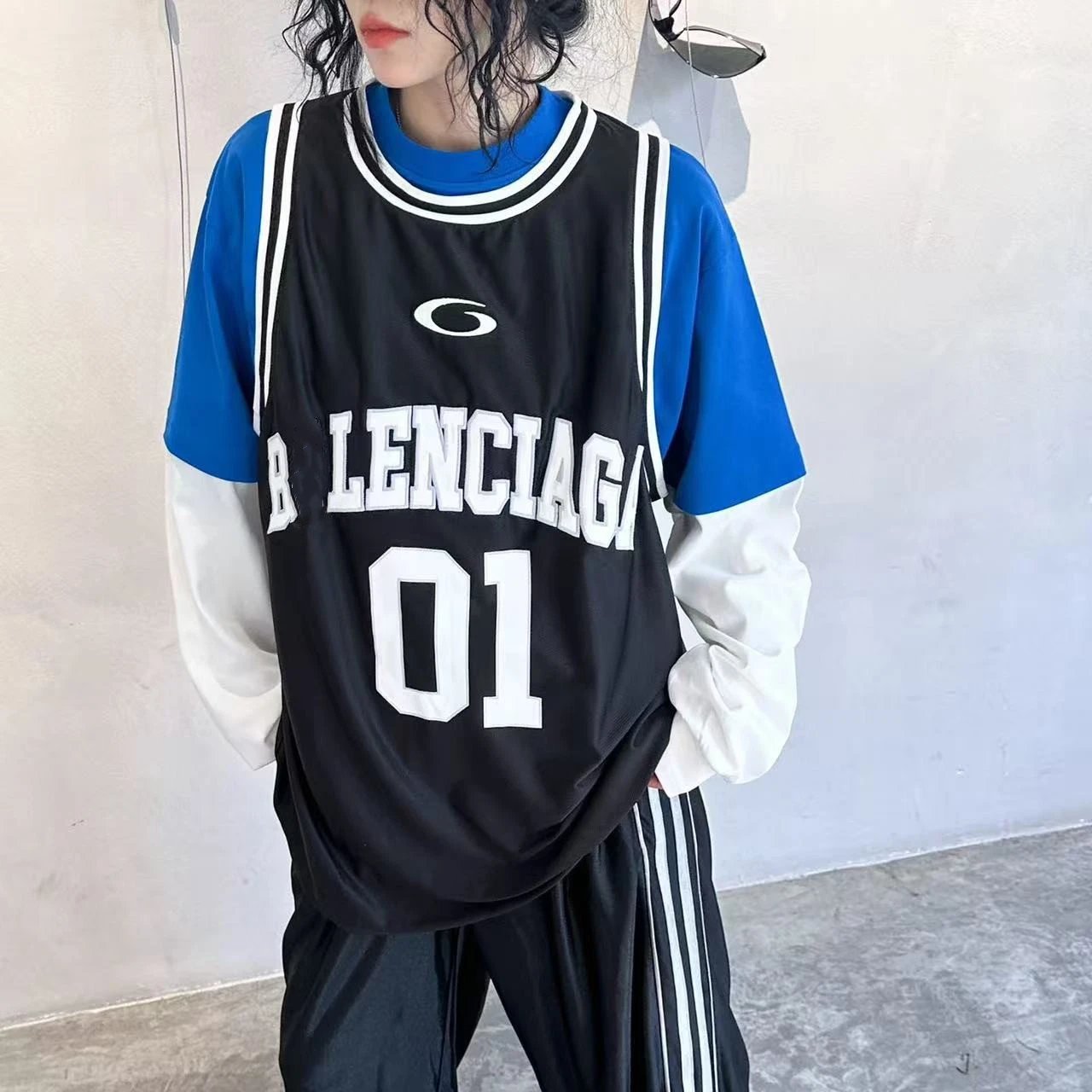 本早秋新款巴黎B家篮球球服假三件套绣花印花长袖T恤男女