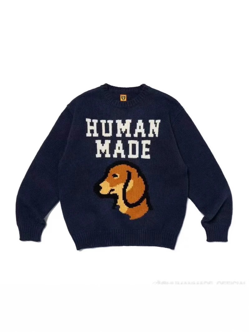 日系潮牌HUMAN 狗狗动物图案印花毛衣秋冬休闲圆领情侣针织衫