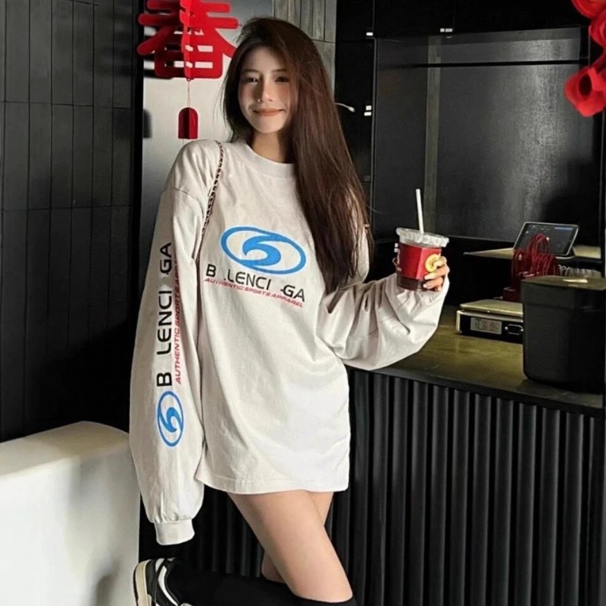 本早秋新款巴黎B家模糊直喷圆领长袖T恤男女打底衫