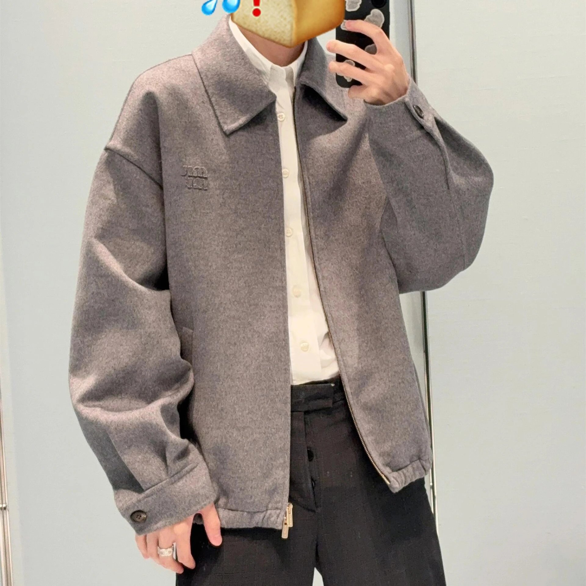 早秋新款MIU缪家刺绣标识翻领羊绒拉链夹克外套男女