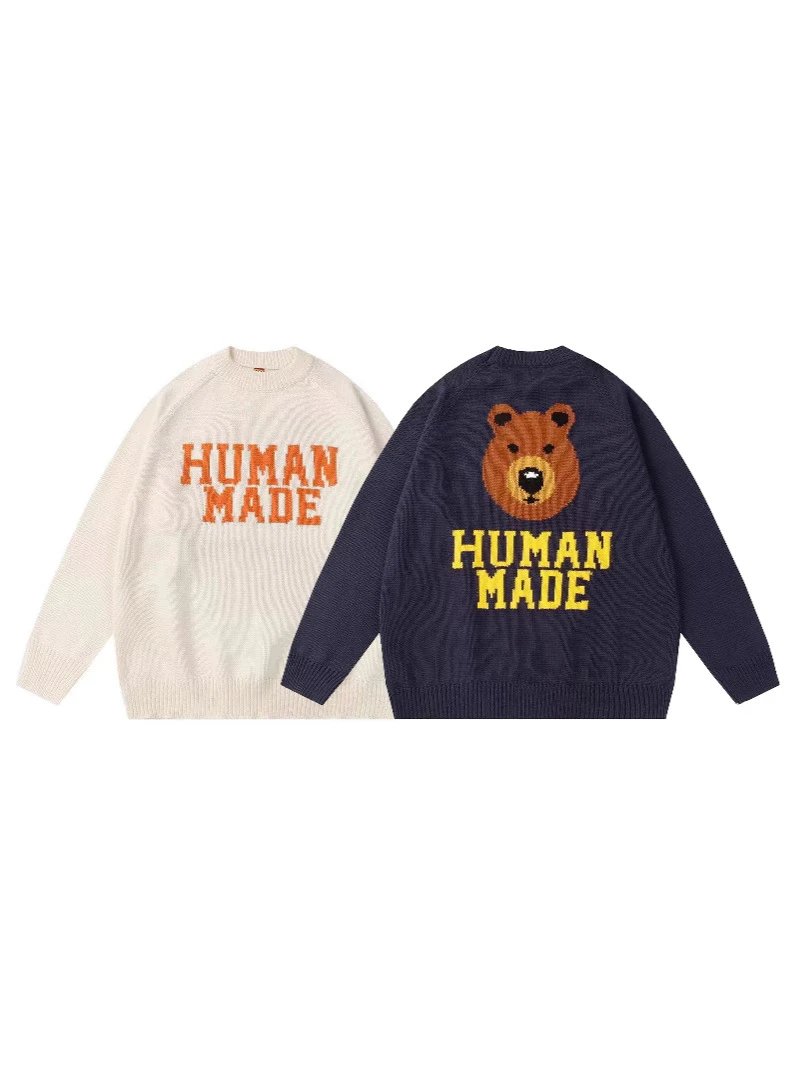 秋冬HUMAN 棕熊针织毛衣秋冬宽松圆领针织衫毛衣男女同款