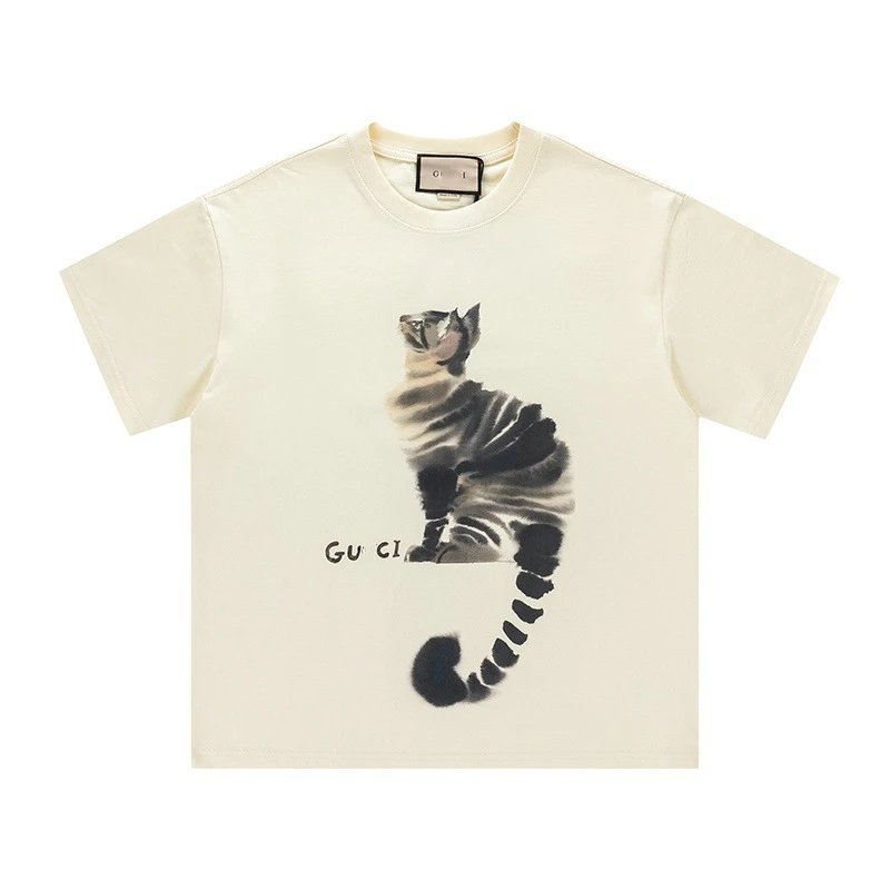 夏季新款GU家卡通系列小猫印花纯色简约短袖T恤上衣男女