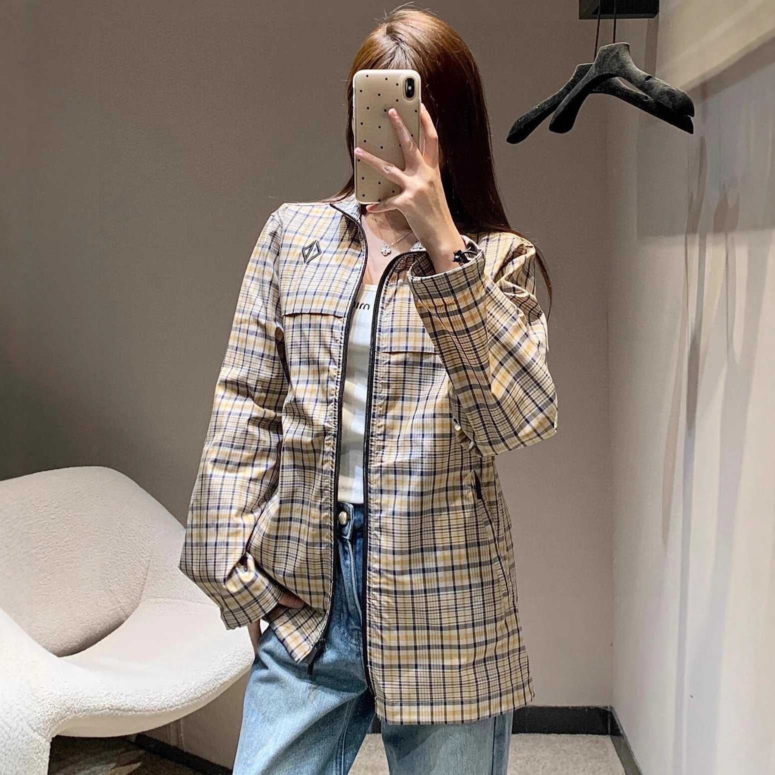 2025早秋新款DI家菱形刺绣格纹立领夹克外套男女