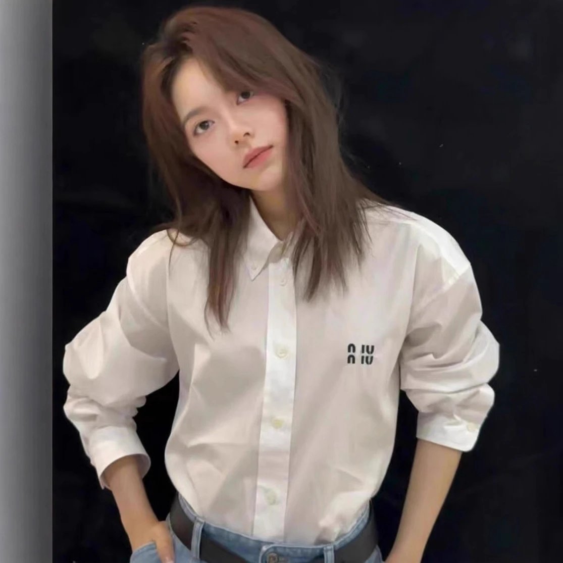高品MIU缪家字母刺绣刺绣徽标府绸衬衫衬衣男女
