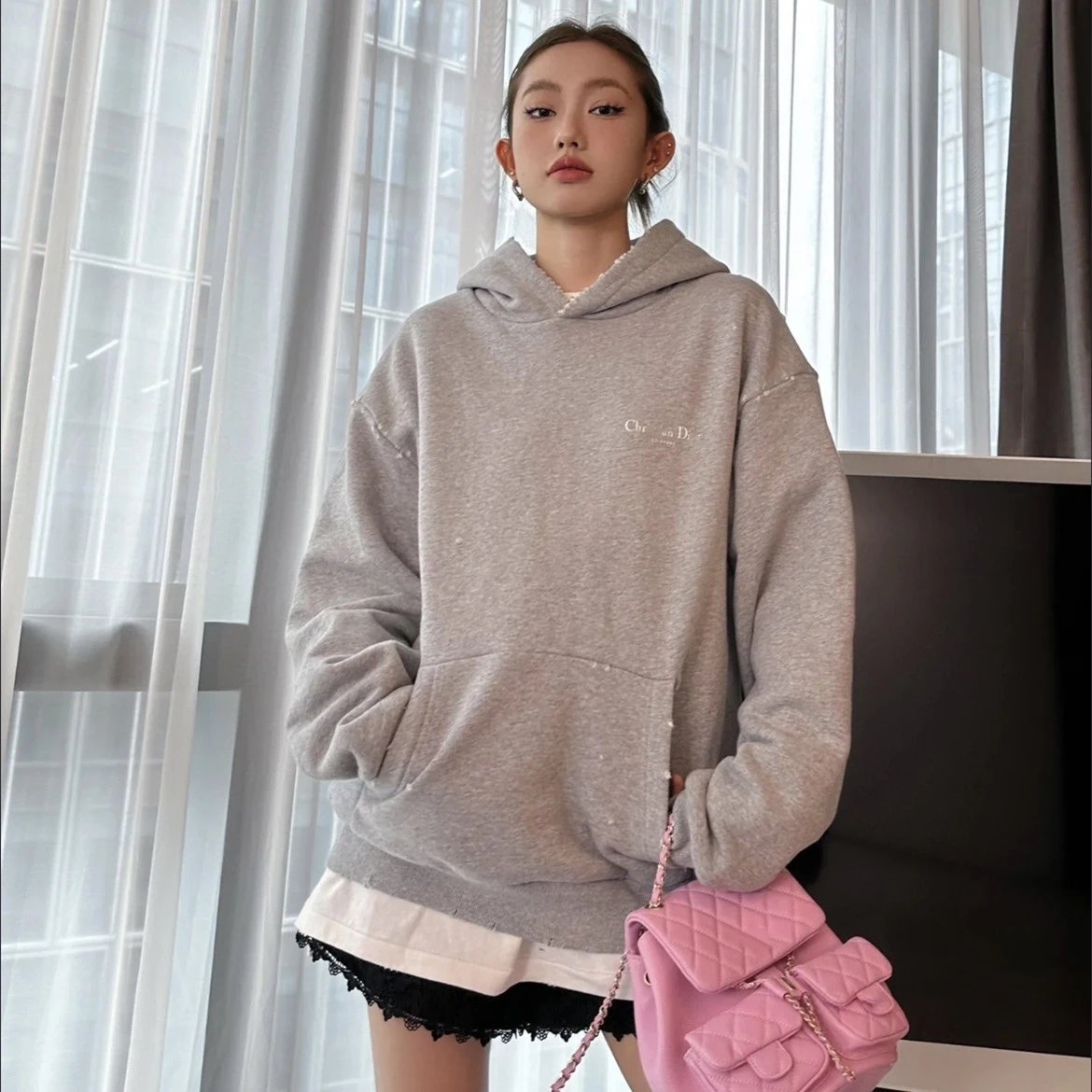 本DI家经典款标识洗水磨破套头连帽卫衣男女帽衫