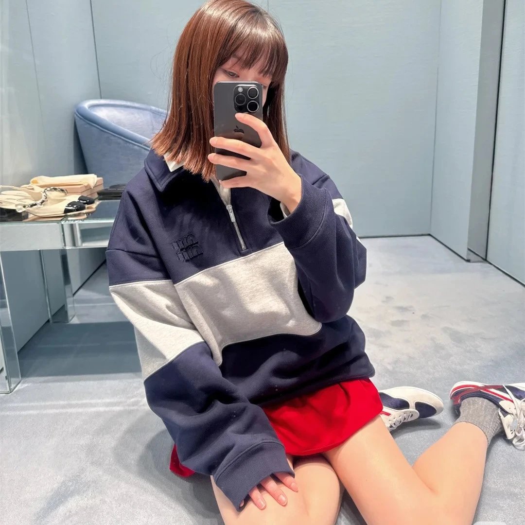 秋冬新款本MIU缪家半拉链贴布刺绣套头宽松卫衣男女