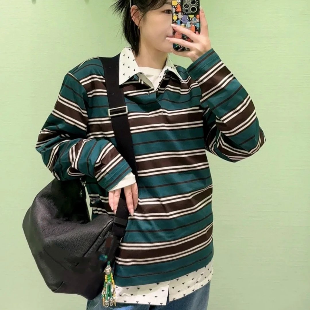 2025春季新款P家刺绣字母polo衫条纹翻领长袖上衣男女