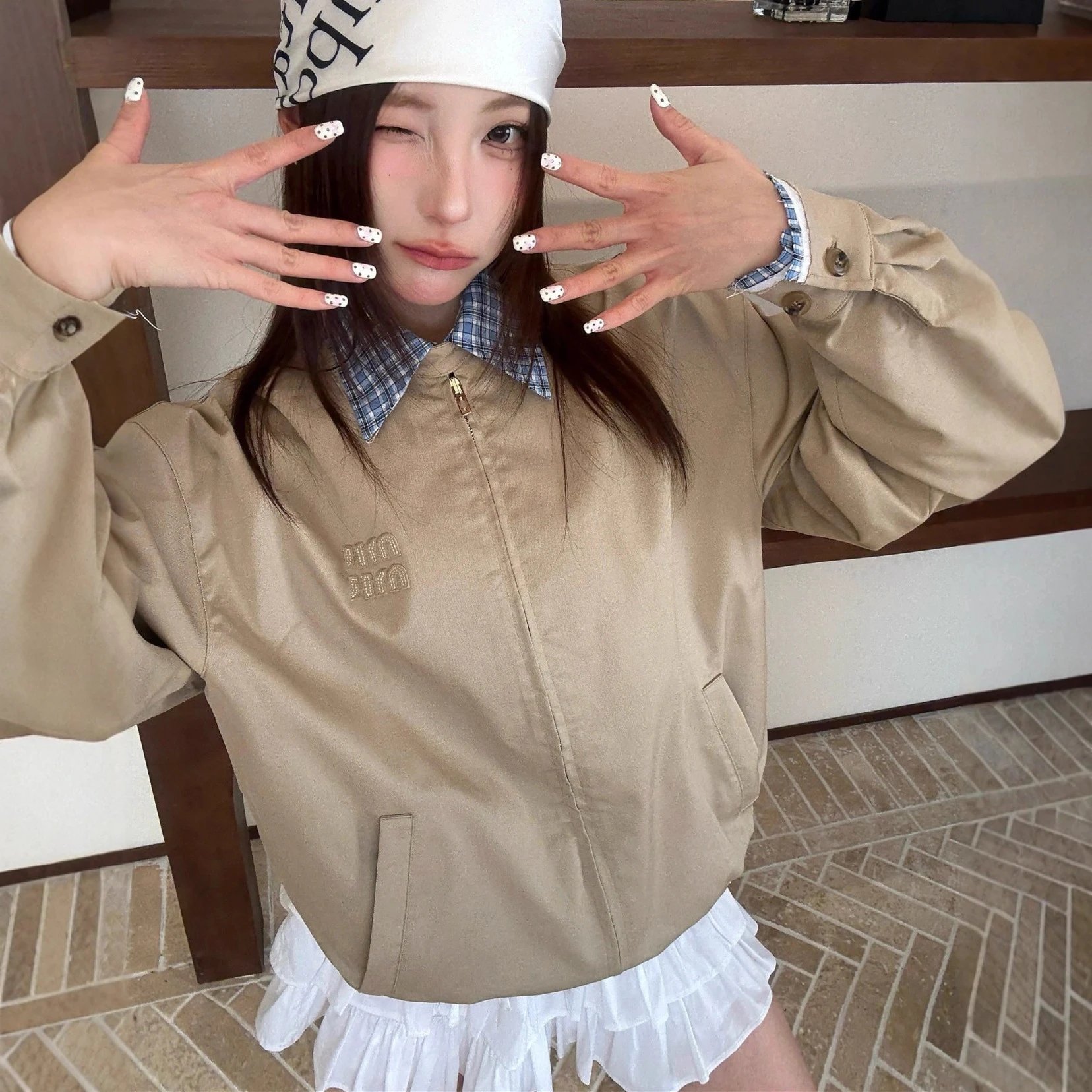 MIU缪家小红书网红款格纹假两件工装夹克外套男女