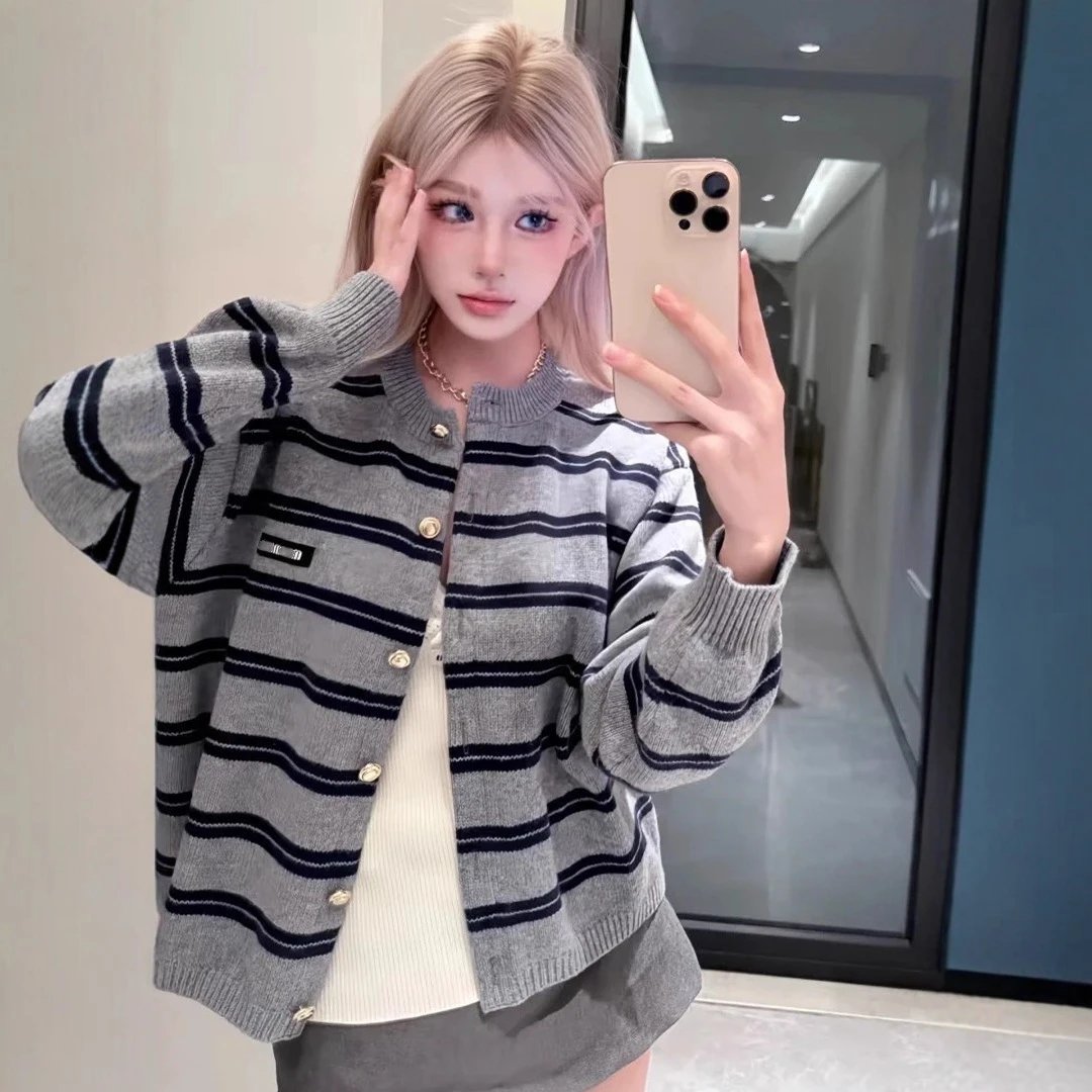 本MIU缪家小红书款条纹针织衫开衫毛衣外套男女