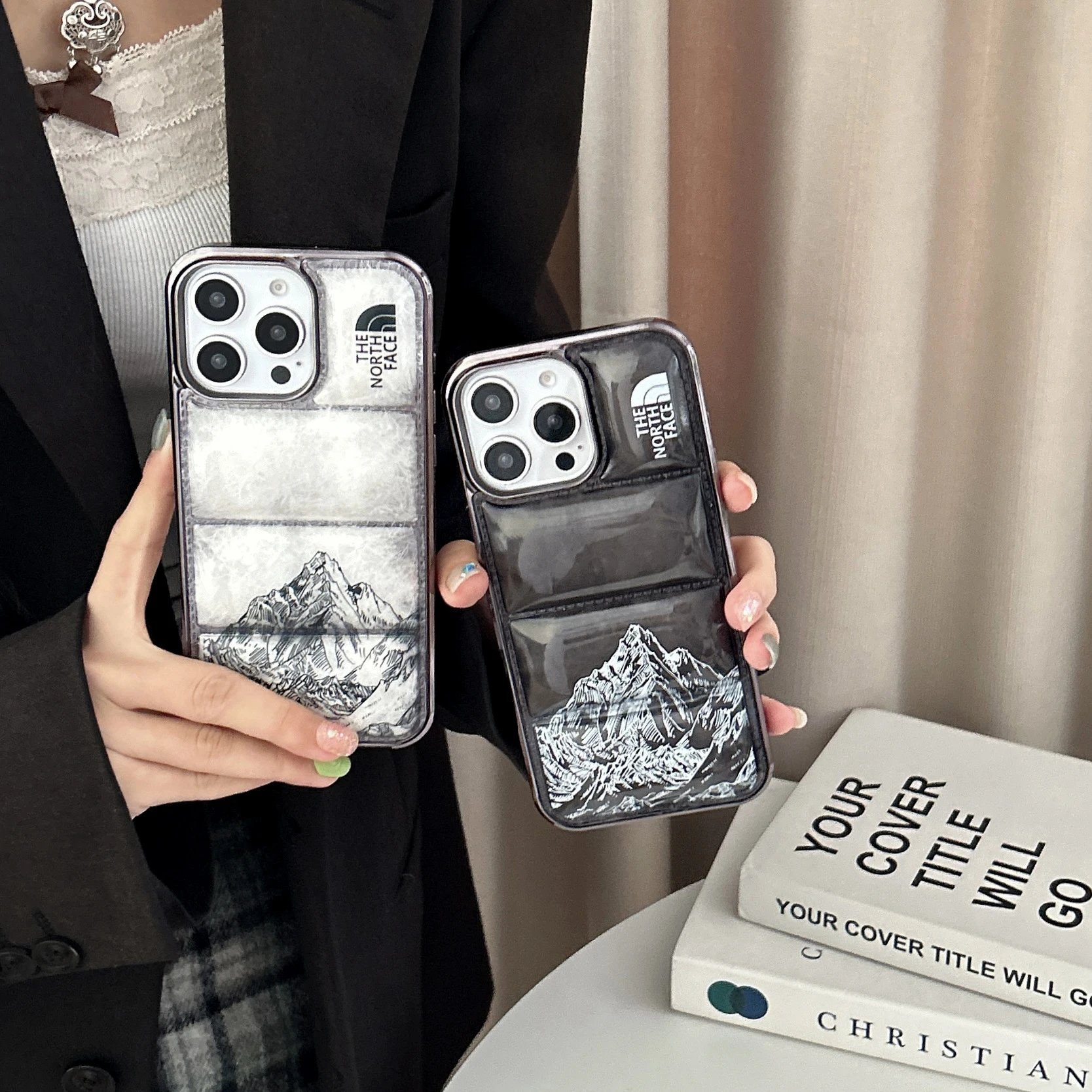 潮牌线条雪山背面苹果15pro手机壳iPhone13情侣防摔16P男