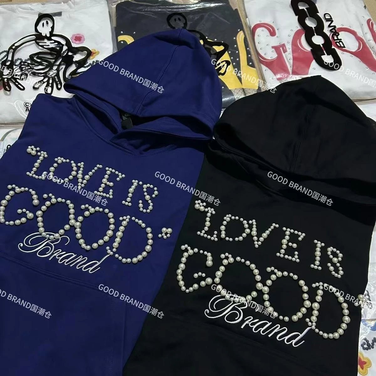 2025秋冬新款GOOD珍珠标绣花百搭连帽重磅卫衣男女