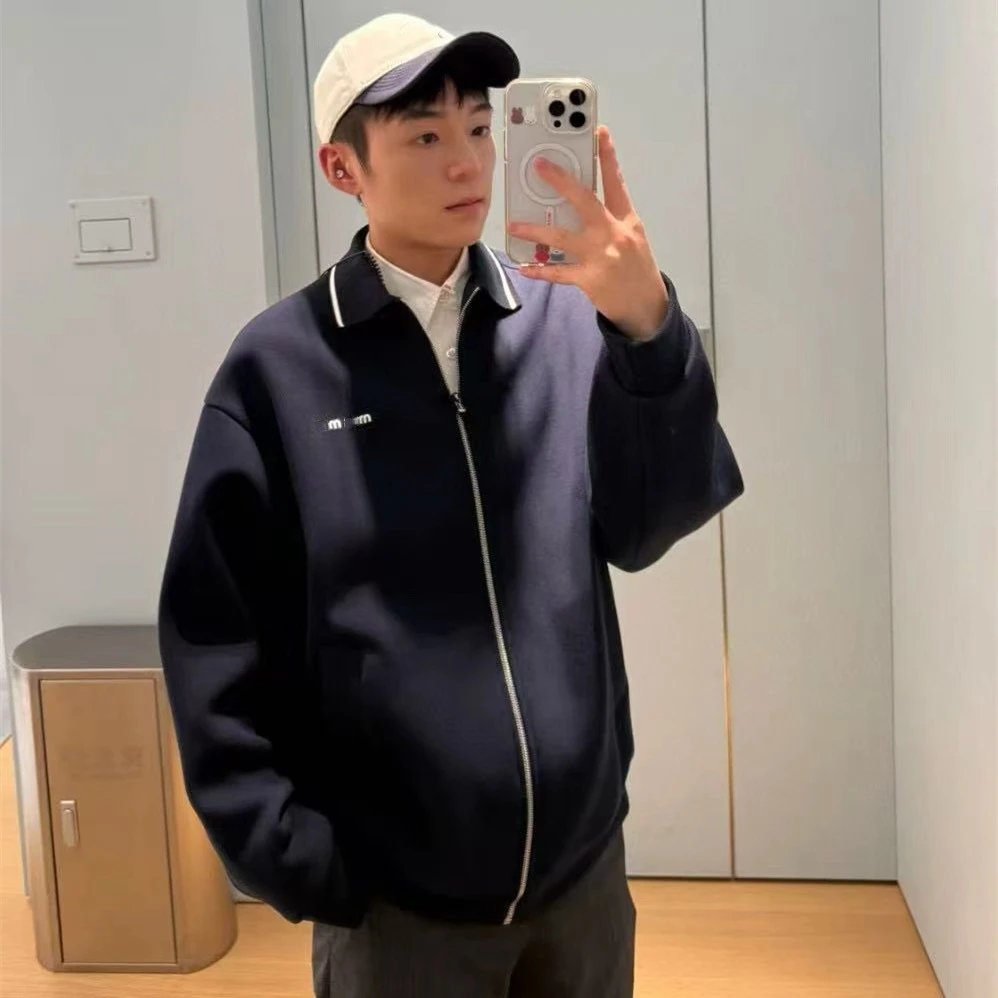 MIU家撞色翻领领口藏蓝色棉质面料拉链夹克外套男女