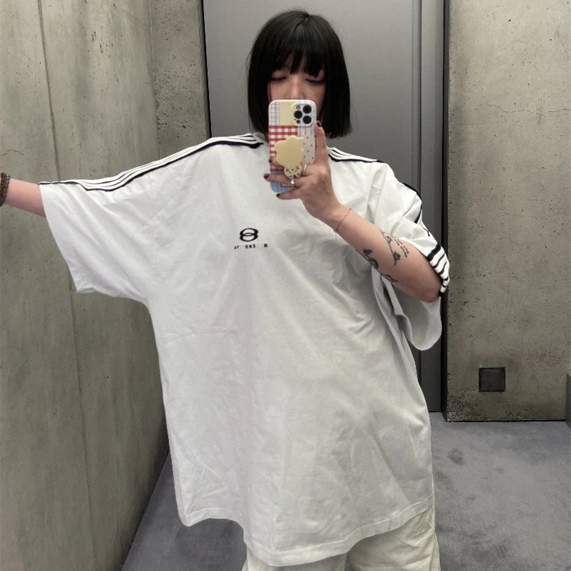 南油巴黎B家新款双环拼色条纹宽松大版型短袖T恤男女上衣