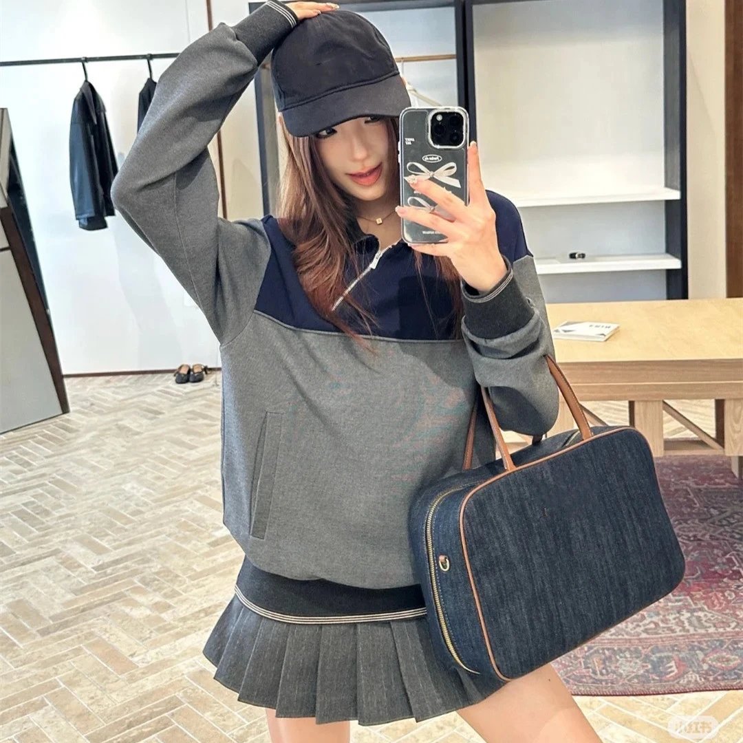 2025秋冬新款MIU缪家拼接斜拉链polo衫套头卫衣男女