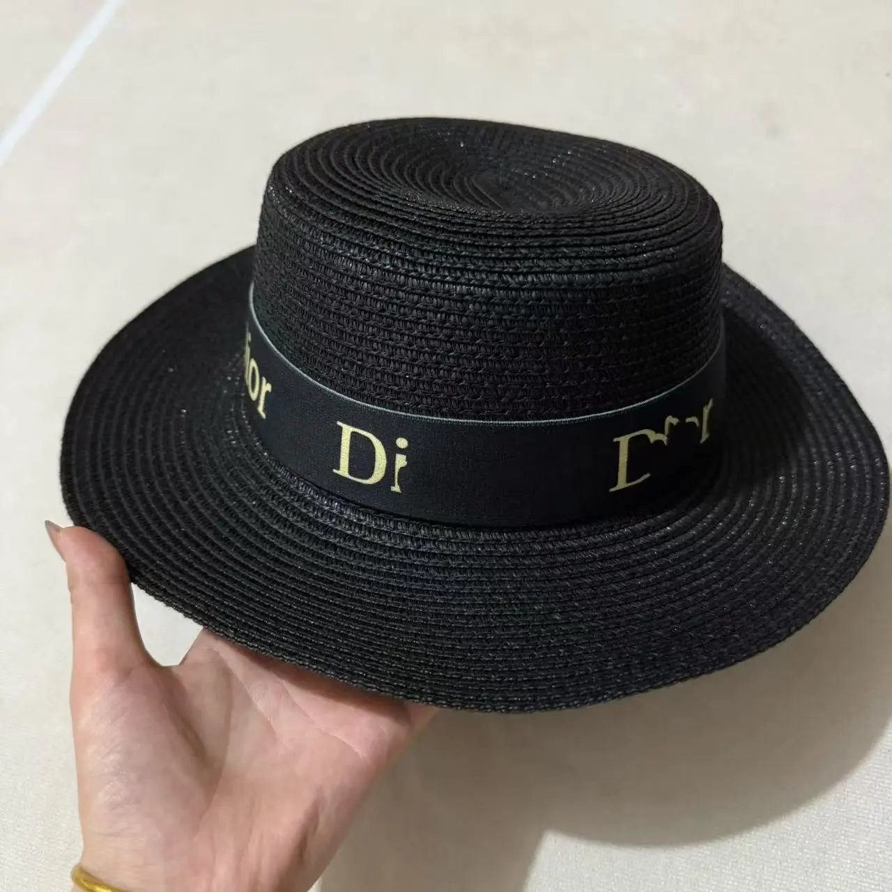 D 家正确字母织带编织草帽大牌百搭简约盆帽时尚遮阳平顶帽子