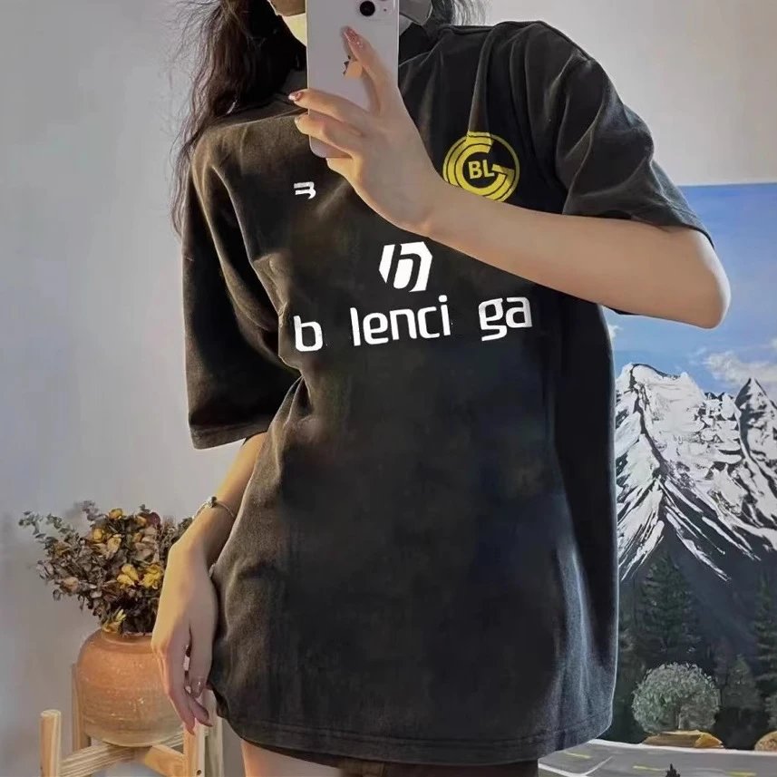 巴黎B家字母LOGO印花宽松版型简约短袖男女球服T恤